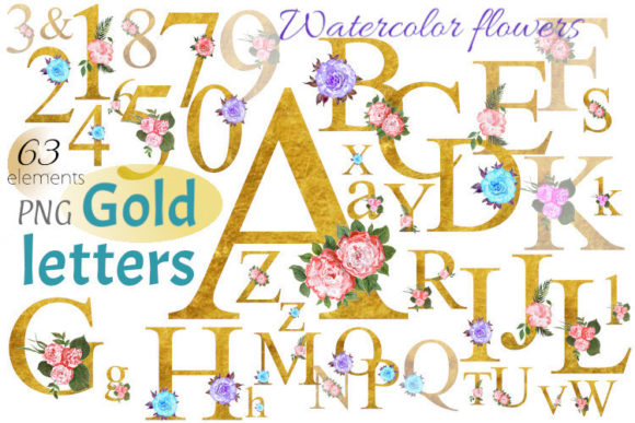 Alphabet Clipart, Gold, Watercolor Illustrations
