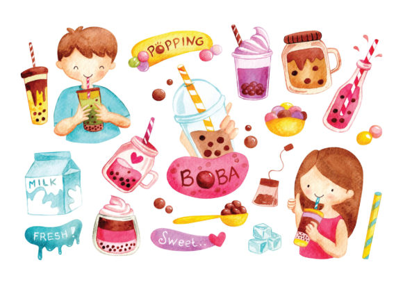 Boba Drink Clip Art, Watercolor Style
