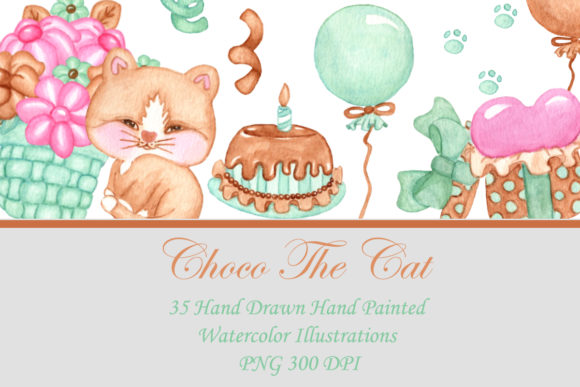 Choco the Cat Watercolor Clip Art Set and Illustrations