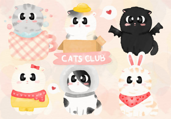 Cute Cats Kittens Watercolor Clipart and Illustrations