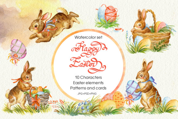 Easter Rabbits Watercolor Set and Illustrations