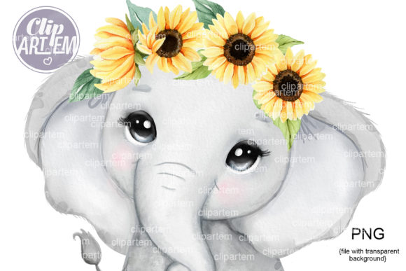 Elephant Girl with Sunflower Watercolor Illustrations