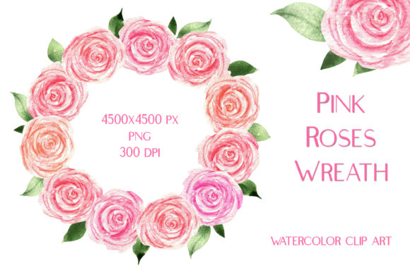 Pink Roses Wreath Watercolor Clipart & Illustrations