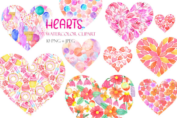 Set of Watercolor Hearts Clipart and Illustrations