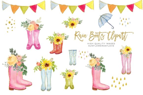 Sunflowers Boots Watercolor Clipart Illustrations