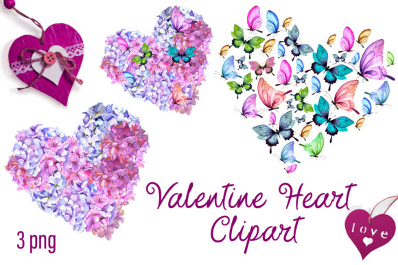Valentin Day Hearts Watercolor Hydrangea Illustrations