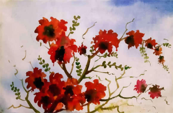 Watercolor Beautiful Red Flower Hand