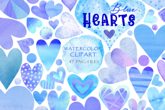 Watercolor Blue Hearts Illustrations