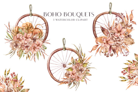 Watercolor Boho Bouquets Clipart and Illustrations