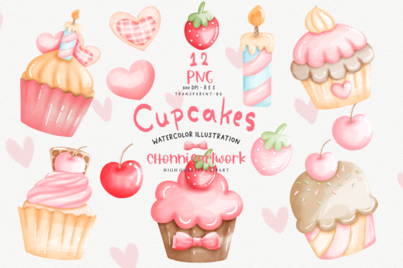 Watercolor Cupcake Clipart Bundle and Illustrations