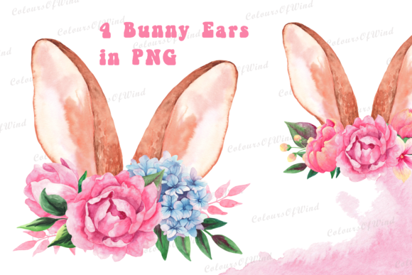 Watercolor Easter Bunny Ears PNG Clipart and Illustrations