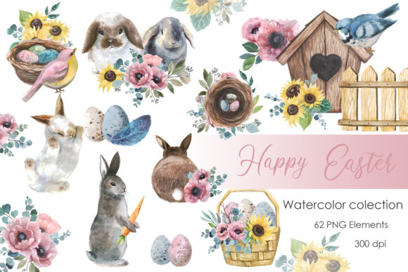 Watercolor Easter Clipart. Spring Cute Illustrations