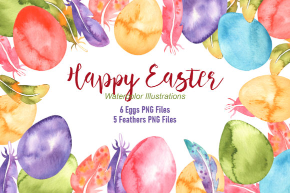 Watercolor Eggs and Feathers Set Illustrations