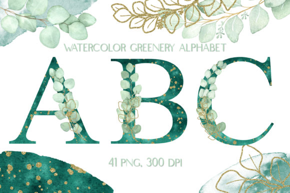 Watercolor Eucalyptus Alphabet Clipart and Illustrations