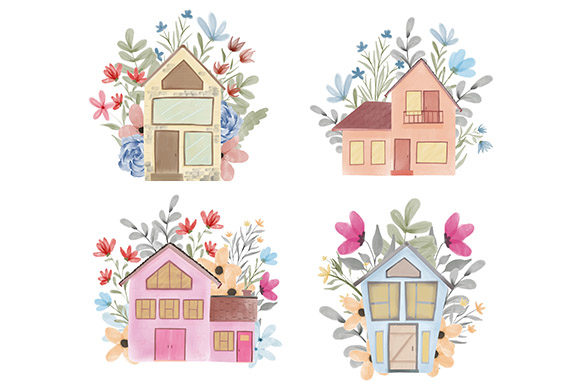 Watercolor Floral House Set Cute Style Illustrations