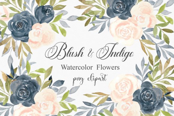 Watercolor Flowers Blush and Indigo Illustrations