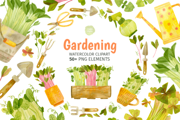 Watercolor Garden Tools, Herbs Clipart
