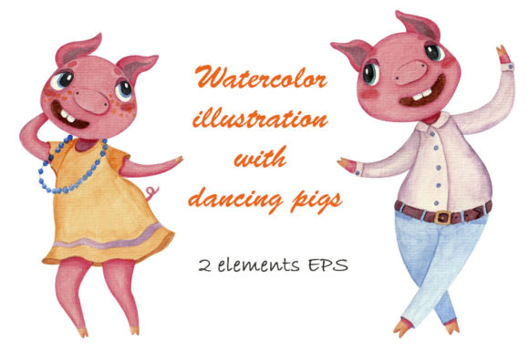 Watercolor Illustration with Dancing Pig