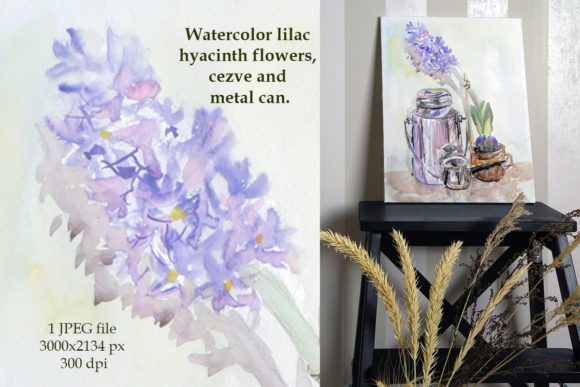Watercolor Lilac Hyacinth and Cezve Illustrations