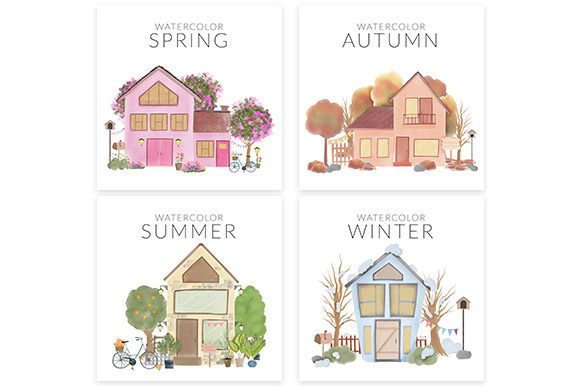 Watercolor Season Card with House Set