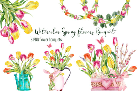 Watercolor Spring Flowers, Bouque Illustrations