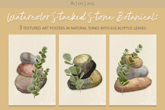Watercolor Stacked Stones Poster Set 1 Illustrations