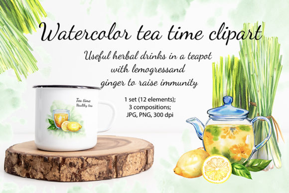 Watercolor Tea Time Clipart. Healthy Her Illustrations